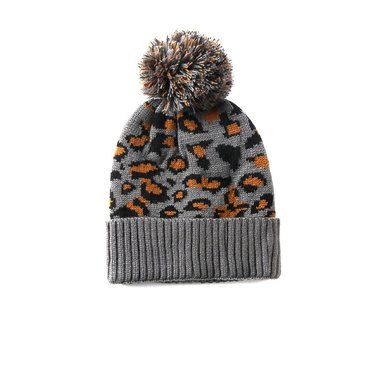 BEANIE LEOPARD PRINT CON POMPÓN PARA MUJER | PLOMO