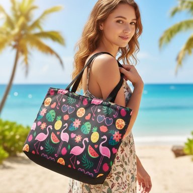 BOLSO VERANO HAWAIIAN NEGRO ESTAMPADO DE FLAMENCOS Y FRUTAS