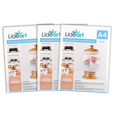 FILM AUTOADHESIVO LIDEART 2 PAQUETES TRANSPARENTE OPACO PARA INKJET A4X20UND