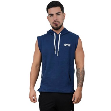 POLERA HOMBRE MUSCLE MUSEUM AZUL OSCURO MANGA CERO CON BOLSILLO DELANTERO CON CIERRE