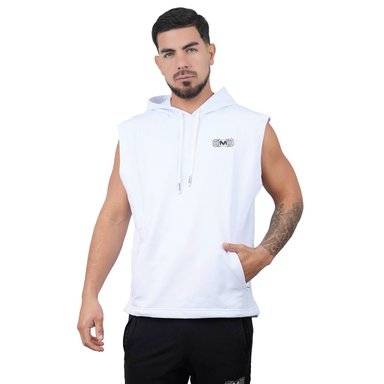 POLERA HOMBRE MUSCLE MUSEUM BLANCO MANGA CERO CON BOLSILLO DELANTERO CON CIERRE