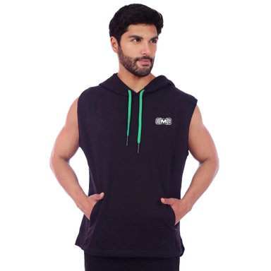 POLERA HOMBRE MUSCLE MUSEUM NEGRO MANGA CERO Y VERDE CON BOLSILLO DELANTERO CON CIERRE