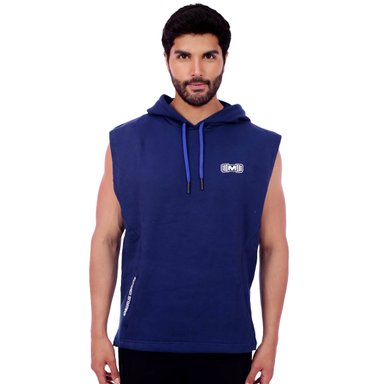 POLERA HOMBRE MUSCLE MUSEUM AZUL ACERO MANGA CERO CON BOLSILLO DELANTERO CON CIERRE