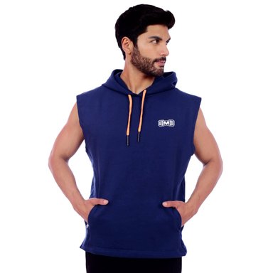 POLERA HOMBRE MUSCLE MUSEUM AZUL Y NARANJA MANGA CERO CON BOLSILLO DELANTERO CON CIERRE