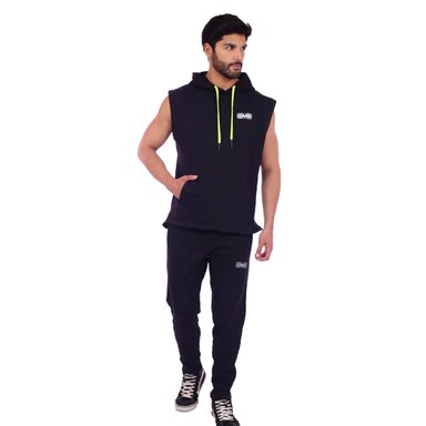 POLERA HOMBRE MUSCLE MUSEUM NEGRO MANGA CERO Y AMARILLO FOSFORESCENTE CON BOLSILLO DELANTERO CON CIERRE