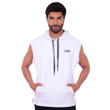 POLERA HOMBRE MUSCLE MUSEUM BLANCO Y NEGRO MANGA CERO BOLSILLO DELANTERO CON CIERRE