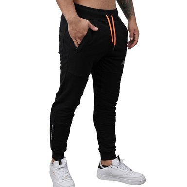JOGGER DEPORTIVO MUSCLE MUSEUM COLOR NEGRO Y NARANJA BOLSILLOS CON CIERRES PARA HOMBRE