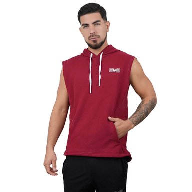 POLERA MANGA CERO MUSCLE MUSEUM COLOR ROJO OSCURO Y BLANCO CON BOLSILLO DELANTERO CON CIERRE PARA HOMBRES