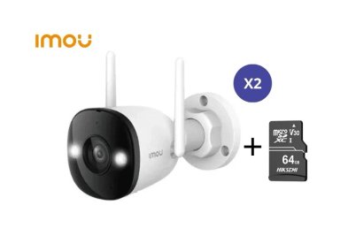 KIT DE 2 CÁMARA SEGURIDAD PARA EXTERIORES BULLET 3 2K 3MP + MICRO SD 64GB FULL COLOR PT IP67 IMOU