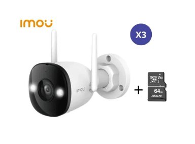 KIT DE 3 CÁMARA SEGURIDAD PARA EXTERIORES BULLET 3 3K 5MP + MICRO SD64GB FULL COLOR PT IP67 IMOU