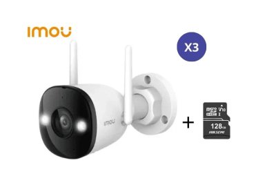 KIT DE 3 CÁMARA SEGURIDAD PARA EXTERIORES BULLET 3 3K 5MP + MICRO SD128GB FULL COLOR PT IP67 IMOU