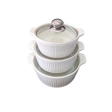 JUEGO DE 3 CUENCOS DE CERÁMICA PARA SERVIR CON TAPAS DE VIDRIO ACANALADO