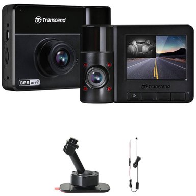 KIT CÁMARA TRANSCEND DRIVEPRO 550B DUAL LENS DASH CON 64GB MICROSD CARD HARDWIRE POWER CABLE Y ADHESIVE MOUNT - 1