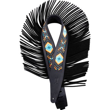 GATOR OUTLAW SERIES 2.5' CRAZY HORSE BLACK LEATHER GUITAR STRAP WITH FRINGE DETAIL AND WESTERN PRINT
