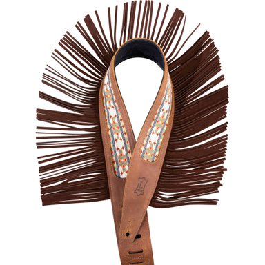GATOR OUTLAW SERIES 2.5' CRAZY HORSE BROWN LEATHER GUITAR STRAP WITH FRINGE DETAIL AND WESTERN PRINT