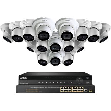 CÁMARA LOREX PRO SERIES N884A38B 16-CHANNEL 4K UHD NVR CON 8TB HDD SIXTEEN LNE9252B DOME Y TWO 16-CHANNEL POE SWITCHES WHITE