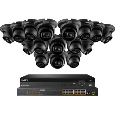 CÁMARA LOREX PRO SERIES N884A38B 16-CHANNEL 4K UHD NVR CON 8TB HDD SIXTEEN LNE9242B DOME Y TWO 16-CHANNEL POE SWITCHES BLACK
