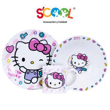 SET CERÁMICA 3 PIEZAS SCOOL HELLO KITTY BLANCO BOWL PLATO Y TAZA