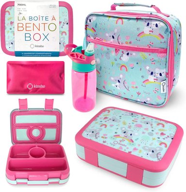 SET LONCHERA BENTO BOLSO DE AISLAMIENTO BOTELLA DE AGUA Y BOLSA DE HIELO ROSADO