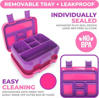 LONCHERA BENTO PARA NIÑOS Y NIÑAS 5 SECCIONES DE PORCIONES ROSADO - 2