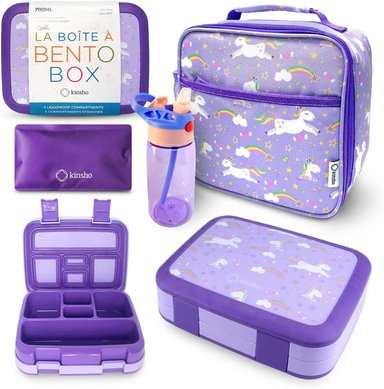 LONCHERA CAJA BENTO CON BOLSA DE ALMUERZO AISLADA BOLSA DE HIELO Y BOTELLA DE AGUA PARA NIÑOS MORADO
