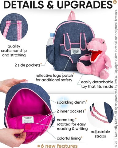 MOCHILA NATURALLY KIDS ROSA T-REX PARA NIÑOS Y NIÑAS CON ANIMALES DE PELUCHE - REGALOS DE 3 4 5 AÑOS MEDIANA - 3