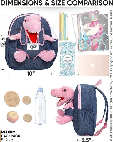 MOCHILA NATURALLY KIDS ROSA T-REX PARA NIÑOS Y NIÑAS CON ANIMALES DE PELUCHE - REGALOS DE 3 4 5 AÑOS MEDIANA - 4