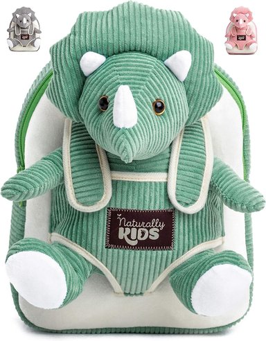 NATURALLY KIDS MOCHILAS - PARA NIÑOS Y NIÑAS CON ANIMALES DE PELUCHE - REGALOS DE 3, 4, 5 AÑOS, TRICERATOPS VERDE,MOCHILA PEQUEÑA