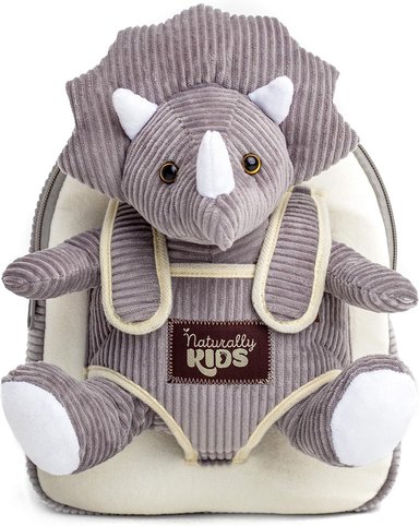 NATURALLY KIDS MOCHILAS - PARA NIÑOS Y NIÑAS CON ANIMALES DE PELUCHE - REGALOS DE 3, 4, 5 AÑOS, TRICERATOPS GRIS, MOCHILA PEQUEÑA