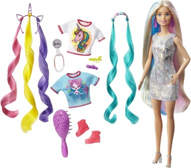 BARBIE MUÑECA DE PELO DE FANTASÍA Y ACCESORIOS, PELO LARGO Y COLORIDO RUBIO CON ROPA INSPIRADA EN SIRENA Y UNICORNIO
