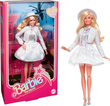 BARBIE LA MUÑECA DE LA PELÍCULA, MARGOT ROBBIE, MUÑECA COLECCIONABLE CON JUEGO A CUADROS AZULES CON SOMBRERO Y CHAQUETA A JUEGO