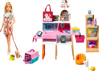 BARBIE - MUÑECA Y SET DE JUEGO DE TIENDA DE MASCOTAS, CON 4 MASCOTAS, CAMBIO DE COLOR Y ACCESORIOS, PARA NIÑAS DE 3 A 7 AÑOS