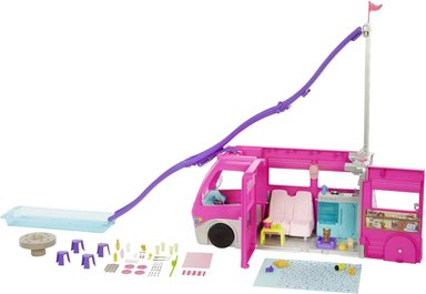 BARBIE DREAMCAMPER PLAYSET,VEHÍCULO DE JUGUETE DREAMCAMPER CON 60 ACCESORIOS INCLUYENDO MUEBLES, PISCINA Y TOBOGÁN DE 30 PULGADAS