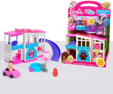 BARBIE PET DREAMHOUSE JUEGO DE 2 CARAS, 10 PIEZAS, INCLUYE MASCOTAS Y ACCESORIOS