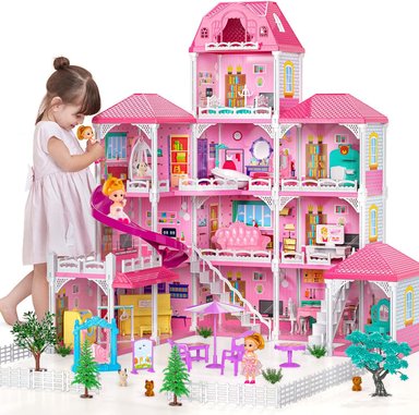 TEMI DREAM HOUSE DOLL 7-8 PARA NIÑAS – 4 PISOS 12 HABITACIONES CASA DE JUEGOS CON 2 MUÑECAS, ACCESORIOS DE MUEBLES, CASA DE CAMPO