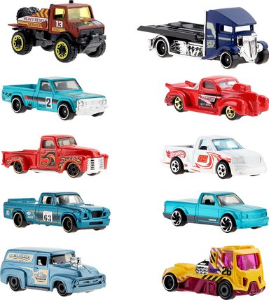 HOT WHEELS PAQUETE DE 10,CAMIONES DE JUGUETE EN ESCALA 1:64, MEZCLA DE LICENCIA OFICIAL Y SIN LICENCIA(LOS ESTILOS PUEDEN VARIAR)