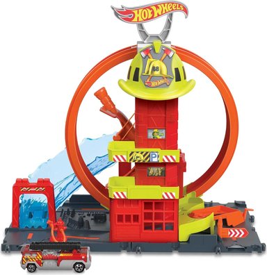 HOT WHEELS TOY CAR TRACK SET CITY SUPER LOOP ESTACIÓN DE BOMBEROS Y CAMIÓN DE BOMBEROS A ESCALA 1:64, SE CONECTA A OTROS JUEGOS