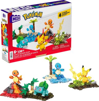 POKÉMON MEGA JUEGO DE CONSTRUCCIÓN DE FIGURAS DE ACCIÓN,EQUIPO DE LA REGIÓN DE KANTO CON 130 PIEZAS,4 PERSONAJES POSIBLES