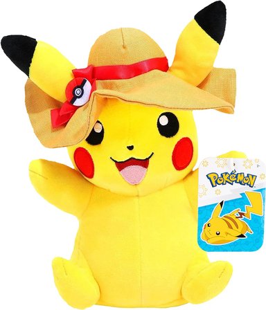 POKÉMON PIKACHU DE PELUCHE DE 8.0 IN CON ABALORIO DE POKÉ BALL, GORRO DE VERANO, CON LICENCIA OFICIAL, SUAVE Y LINDO