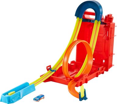 HOT WHEELS TRACK BUILDER UNLIMITED PLAYSET FUEL CAN STUNT BOX, 14 COMPONENTES Y COCHE DE JUGUETE A ESCALA 1:64