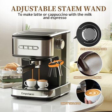 CAFETERA COMPRA FACIL EMPSTORM ESPRESSO MACHINE 20 BAR VAPORIZADOR LECHE,SEMIAUTOMÁTICA TANQUE AGUA EXTRAÍBLE 1,5L,CAPUCHINO - 3
