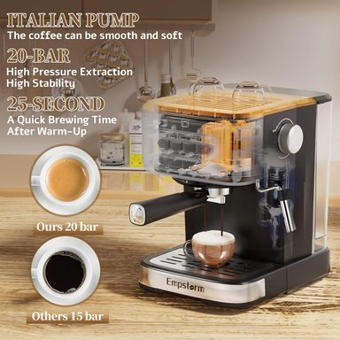 CAFETERA COMPRA FACIL EMPSTORM ESPRESSO MACHINE 20 BAR VAPORIZADOR LECHE,SEMIAUTOMÁTICA TANQUE AGUA EXTRAÍBLE 1,5L,CAPUCHINO - 5