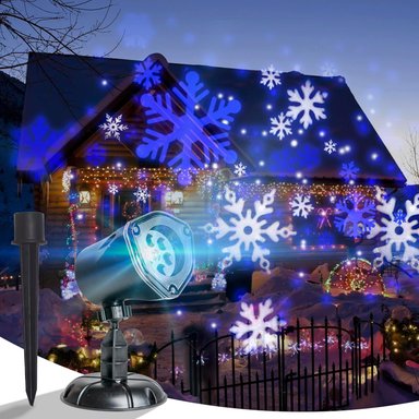 PROYECTOR DE LUCES DE NAVIDAD COMPRA FACIL COPOS DE NIEVE BLANCOS Y AZULES PARA EXTERIORES E INTERIORES ILUMINACIÓN LED - 1
