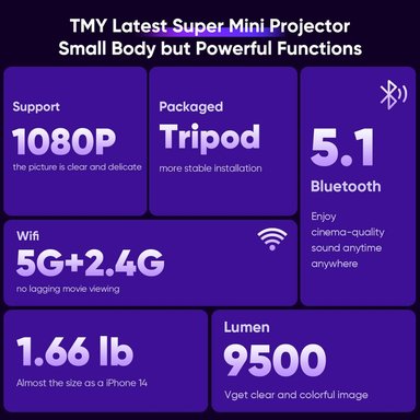TMY MINI PROYECTOR, PORTÁTIL CON WIFI Y BLUETOOTH HD DE 1080P PARA IOS/ANDROID/WINDOWS/TV STICK/HDMI/AV/USB - 6