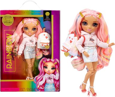 RAINBOW HIGH RAINBOW JUNIOR HIGH EDICIÓN ESPECIAL KIA HART - MUÑECA ROSA POSABLE DE 9' CON ACCESORIOS Y MOCHILA SUAVE DE APERTURA