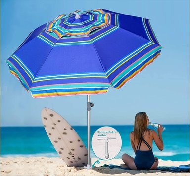 SOMBRILLA AMMSUN DE PLAYA RESISTENTE DE 7 PIES CON ANCLAJE DE ARENA Y REFUGIO SOLAR INCLINABLE, PROTECCIÓN UV 50+ - 2