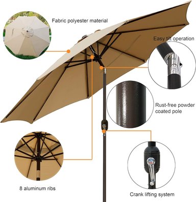 BLISSUN - SOMBRILLA DE ALUMINIO PARA PATIO Y EXTERIORES, CON INCLINACIÓN DE BOTÓN Y MANIVELA, DE 9 PIES, CON DISEÑO A RAYAS - 5