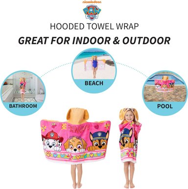 FRANCO - TOALLA DE RIZO DE ALGODÓN SUAVE CON CAPUCHA PARA NIÑOS, PARA USO EN BAÑO Y PLAYA, 24 X 50 PULGADAS, PAW PATROL, ROSA - 4