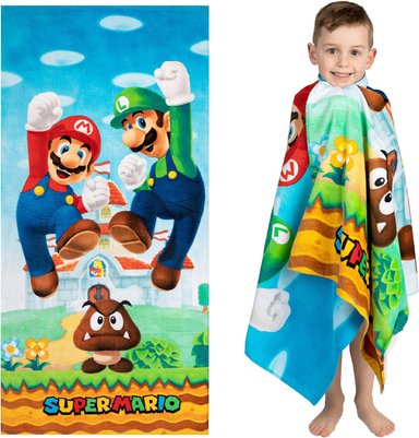 FRANCO - TOALLA INFANTIL DE BAÑO, PISCINA, PLAYA, DE ALGODÓN SUPERSUAVE, 58 X 28 PULGADAS, SUPER MARIO 'OFFICIAL NINTENDO'