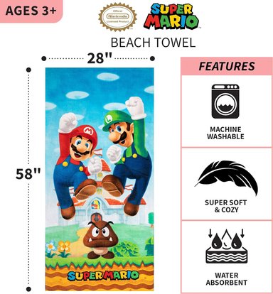 FRANCO - TOALLA INFANTIL DE BAÑO, PISCINA, PLAYA, DE ALGODÓN SUPERSUAVE, 58 X 28 PULGADAS, SUPER MARIO 'OFFICIAL NINTENDO' - 3